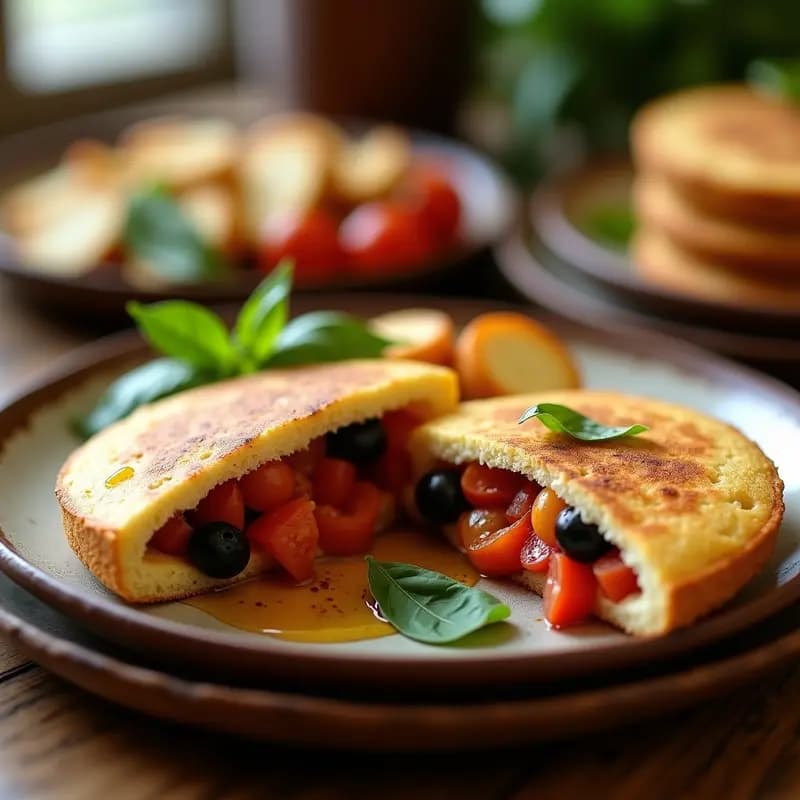Arepa de yuca dorada rellena de Hobz Biz-Zejt con trozos de atún, aceitunas y tomate, coronada con queso Halloumi gratinado y hojas de menta fresca, sobre un plato de cerámica rústica con fondo de madera oscura.