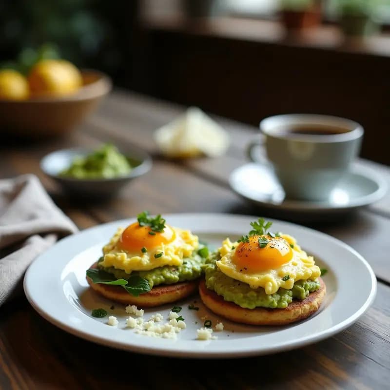 Arepas de Maíz Azul con Guacamole y Huevos Revuelta: Desayuno Colombiano-Venezolano en 20 Minutos