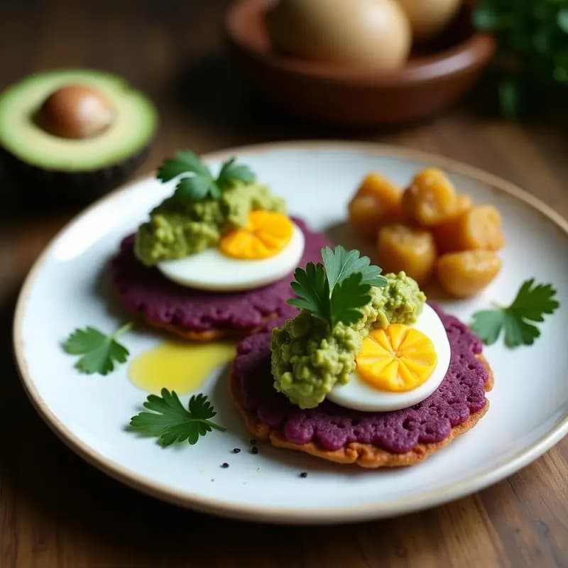Arepas de Ñame Morado con Guacamole y Huevo Escabechado: Desayuno Colombiano Sin Harina