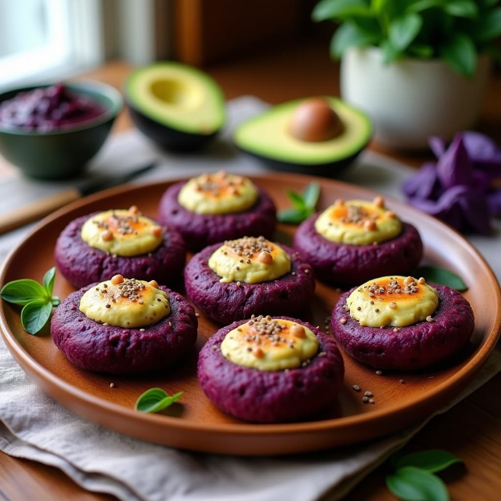Arepas de Ñame Morado Rellenas de Pesto de Albahaca Morada: Desayuno Vegano y Sin Gluten