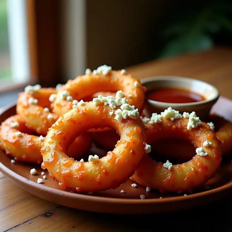 Aros de Cebolla Gigantes con Rebozado de Cerveza Negra y Queso Azul Desmenuzado