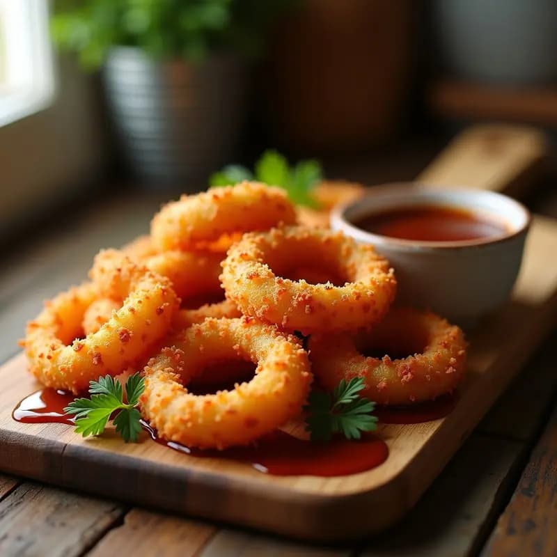 Aros de Ceolla Empanizados con Queso Cheddar y Salsa BBQ: Aperitivo Crujiente y Adictivo