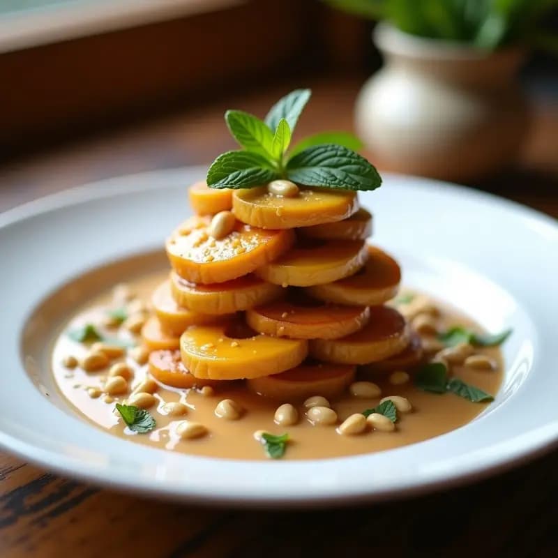 B coupling de Plátano Macho y Jackfruit en Salsa de Cacahuete: Postre Filipino Dulce y Salado