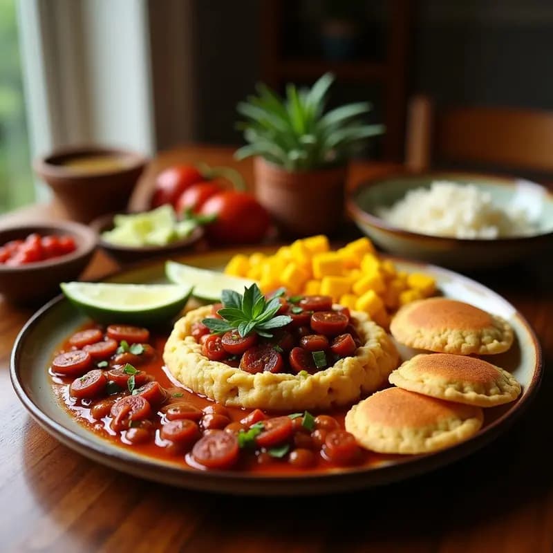 Bandeja Paisa Vegana con Chorizo Vegetal y Arepas de Maíz: Desayuno Colombiano Completo