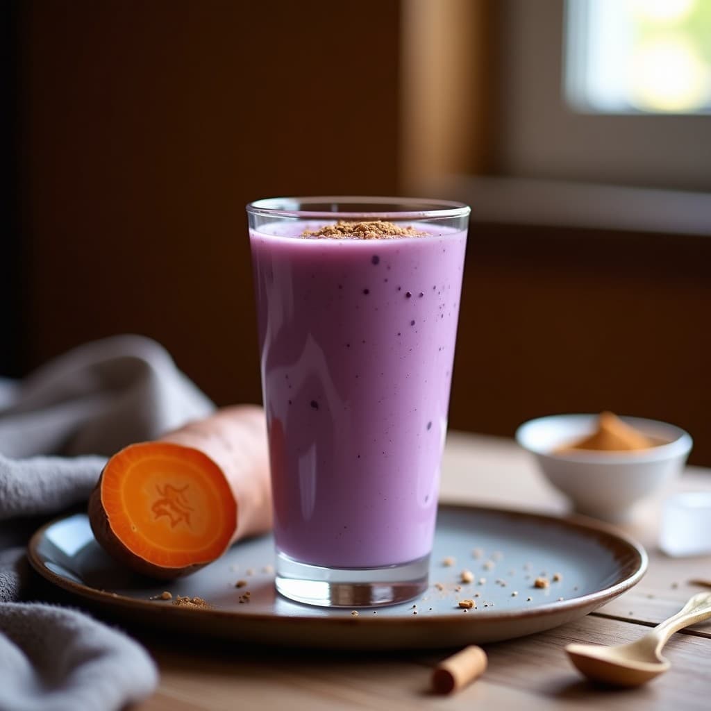 Batido de Boniato Morado, Leche de Almendras y Cardamomo: Bebida Vegana Post-Entreno