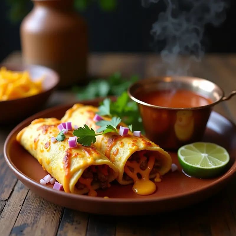 Plato hondo con TikTok Birria Quesatacos dorados y crujientes, rellenos de queso fundido y carne de res desmenuzada, acompañados de consomé espeso en un recipiente aparte, cebolla morada picada, cilantro fresco y gajos de limón sobre una mesa rústica de madera.
