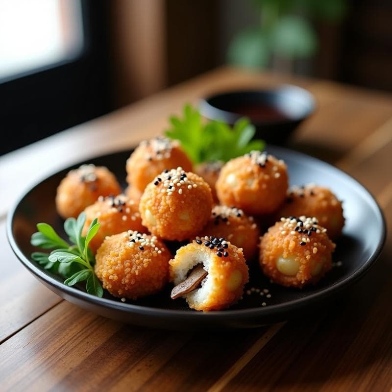 Bolitas de Arroz con Hongos Shiitake y Ajonjolí: Receta Japonesa en Airfryer Crujiente