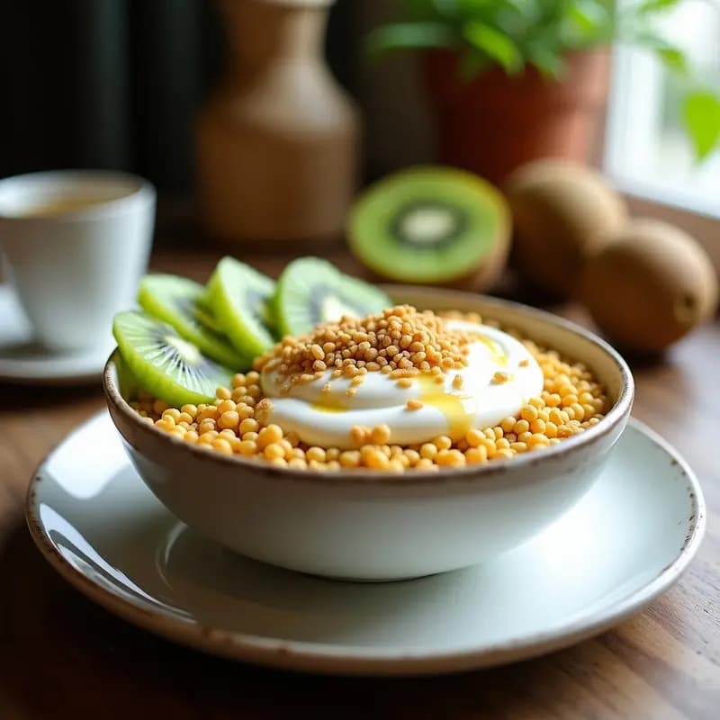 Bowl de Amaranto Inflado con Yogur de Soja, Kiwi y Semillas de Amaranto: Desayuno Peruano Alta en Fibra