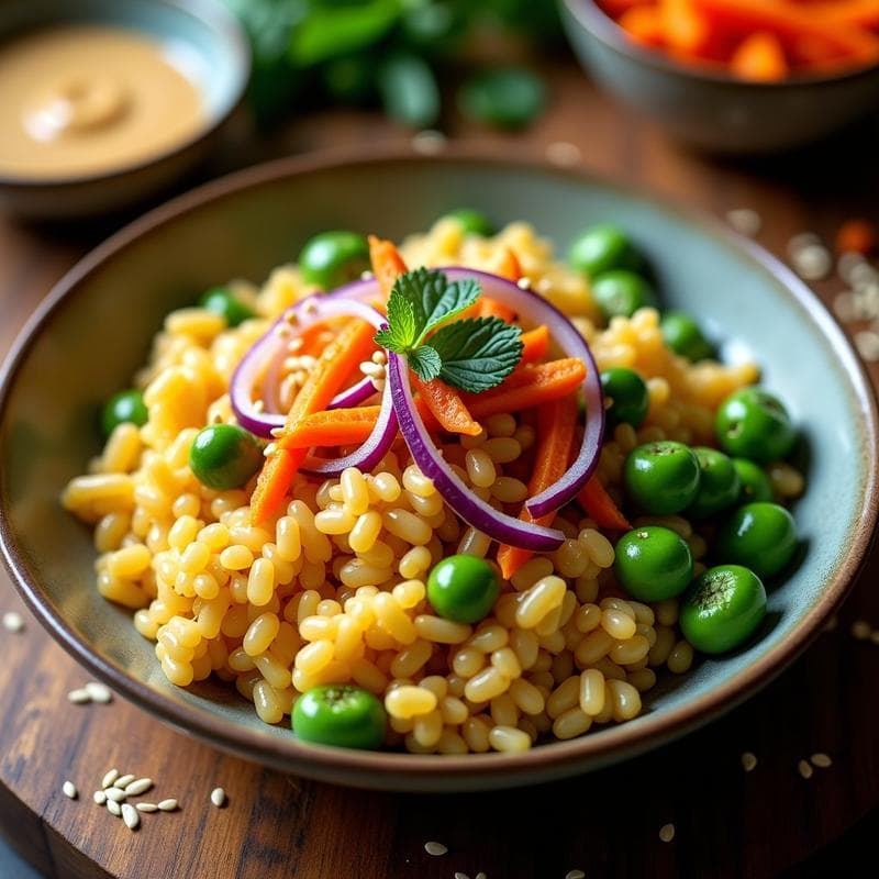 Bowl de Arroz de Coliflor, Edamame y Zanahoria con Aderezo de Sésamo: Receta Árabe Keto en 15 Minutos