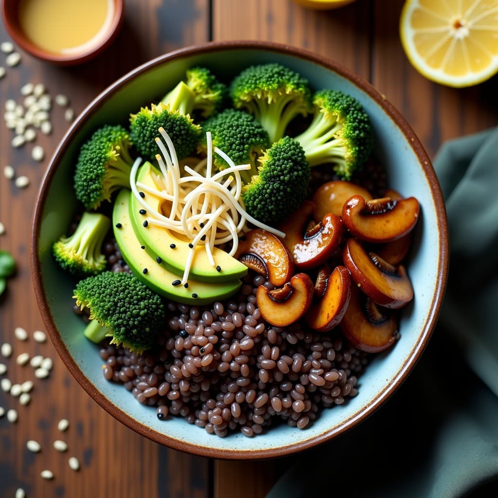 Bowl de Arroz Salvaje con Setas Shiitake y Brócoli: Receta Vegana con Toque Umami