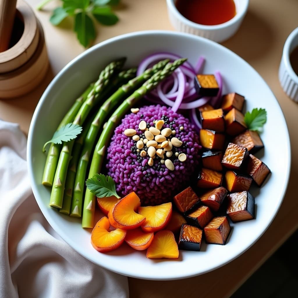 Bowl de Arroz Violetta y Verduras Asadas con Aderezo de Tamarindo: Receta Tailandesa Vegana