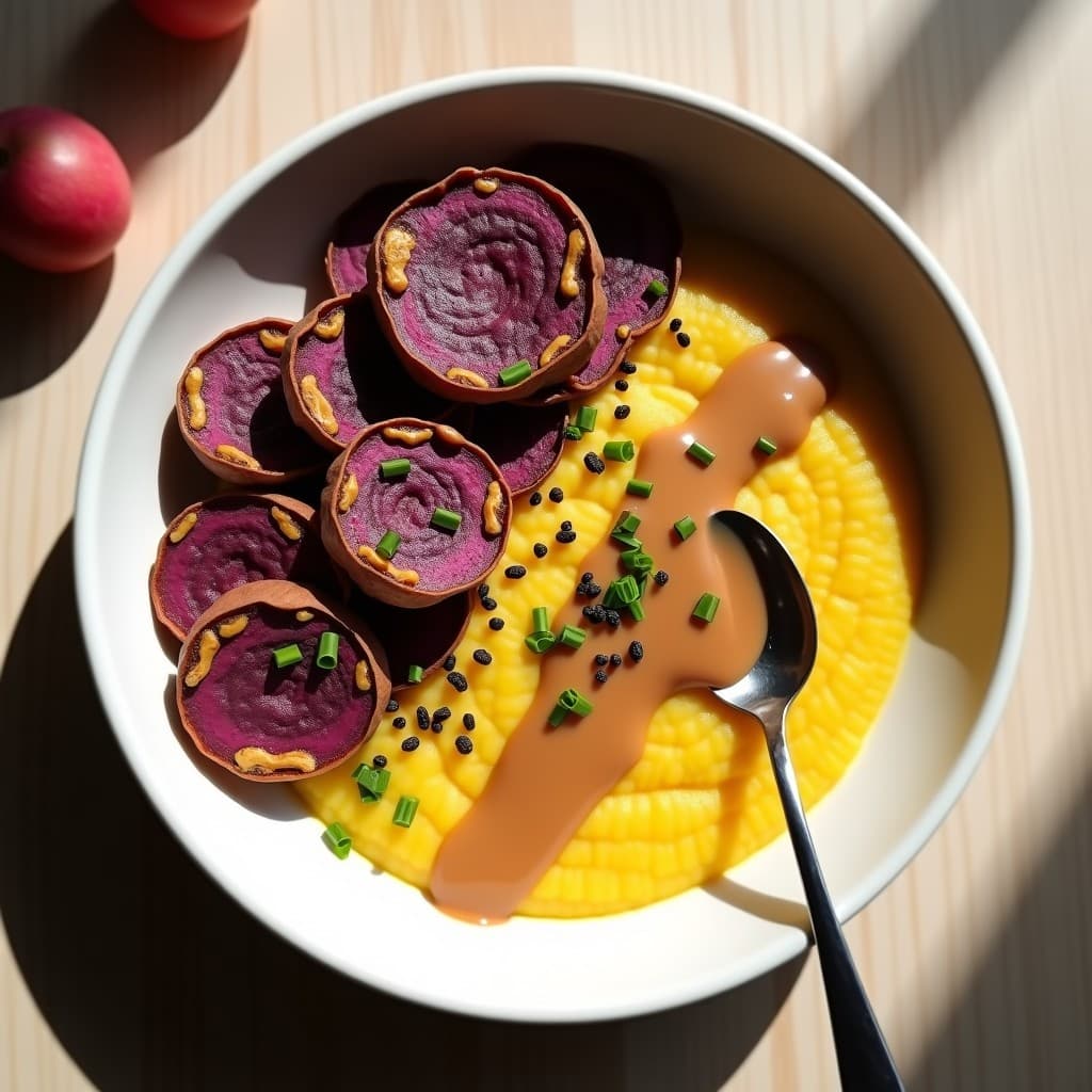 Bowl de Batata Morada y Polenta con Crema de Cacahuete: Desayuno Keto y Vegano en 10 Minutos
