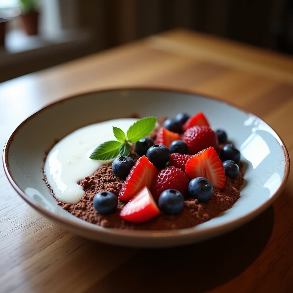 Bowl de Cacao Puro con Yogur Griego y Frutos del Bosque: Desayuno Keto Alto en Proteínas