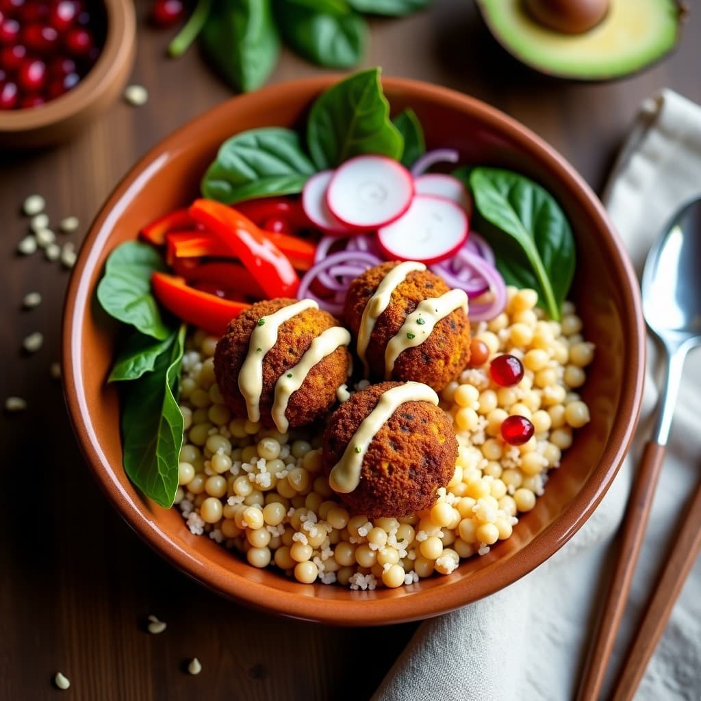 Bowl de Cúscus de Garbanzo con Falafel y Salsa de Tahini: Receta Árabe Alta en Fibra