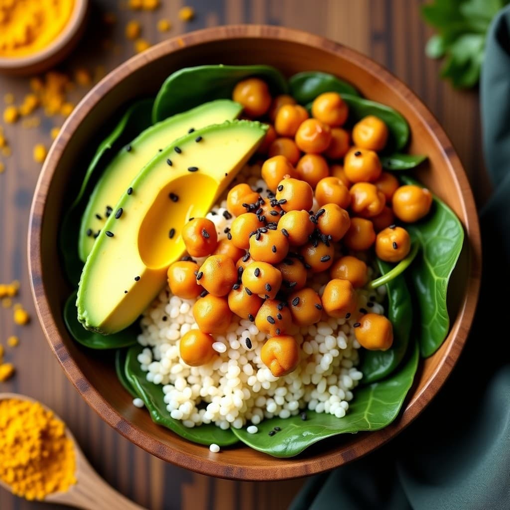 Bowl de Cúrcuma y Quinoa con Garbanzos Crujientes: Desayuno Ayurvédico Sin Gluten