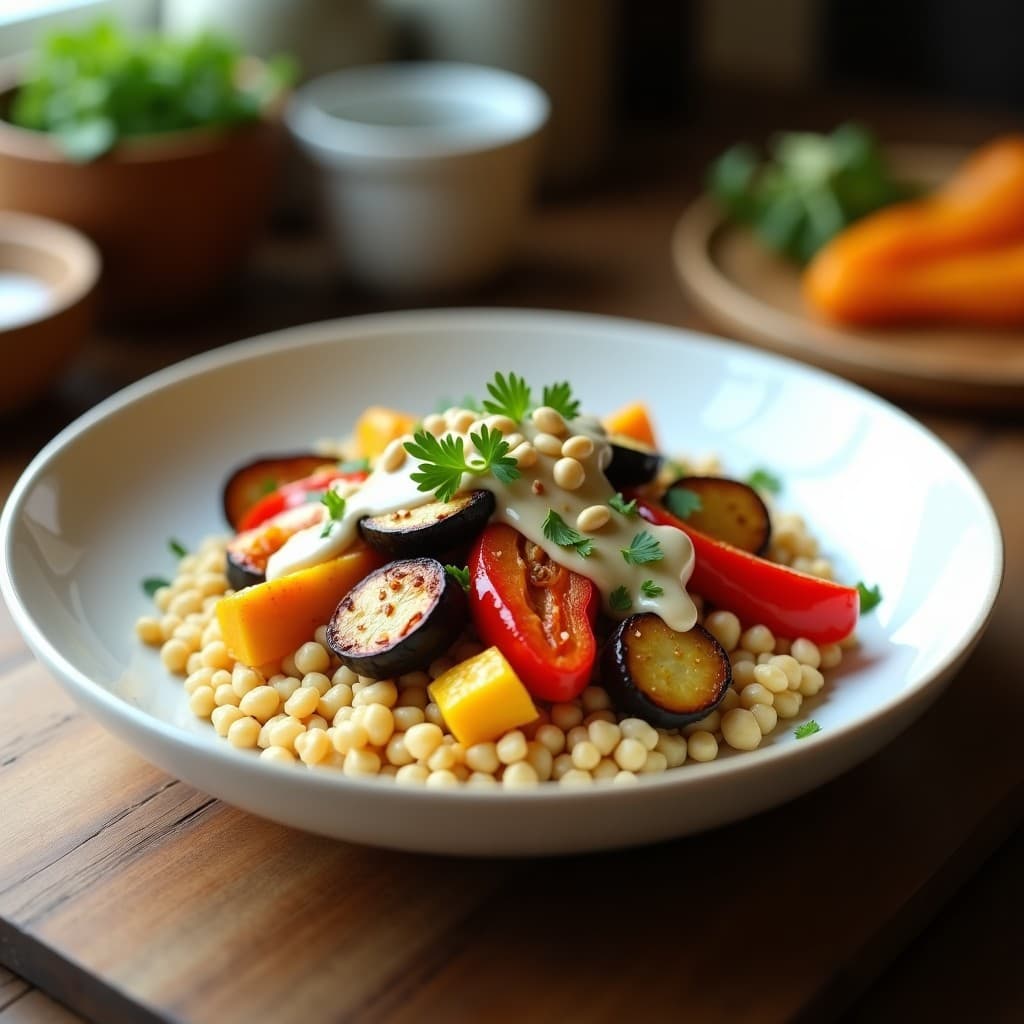 Bowl de Cuscús de Garbanzos con Verduras Asadas y Tahini: Receta Mediterránea Sin Gluten en 25 Minutos