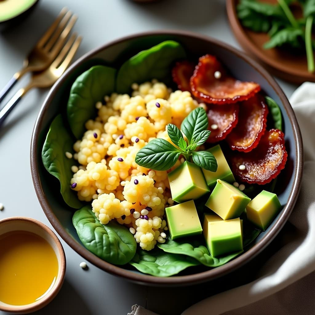 Bowl de Cuscús de Coliflor y Bekon Vegano: Desayuno sin Gluten y Alto en Proteína