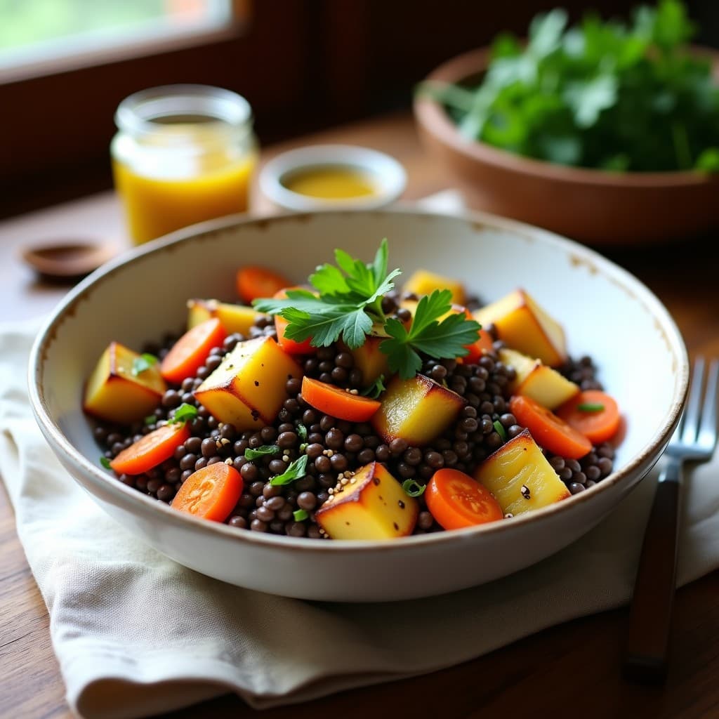 Bowl de Pastinaca Asada y Lentejas Beluga: Receta en Olla Exprés con Vinagreta de Mostaza