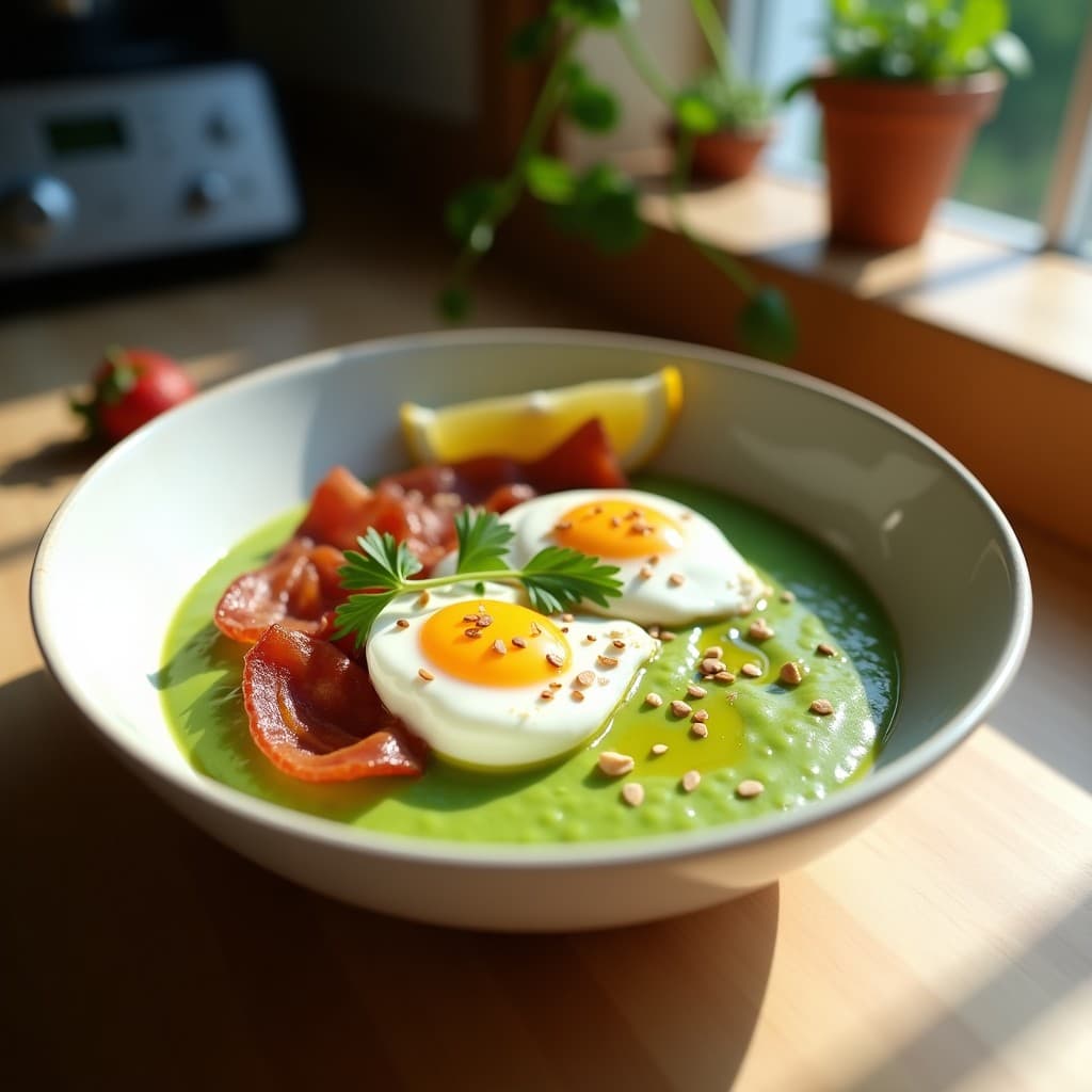 Bowl de Puré de Guisantes con Huevos Poched y Crujiente de Panceta: Desayuno Alto en Proteína en Thermomix