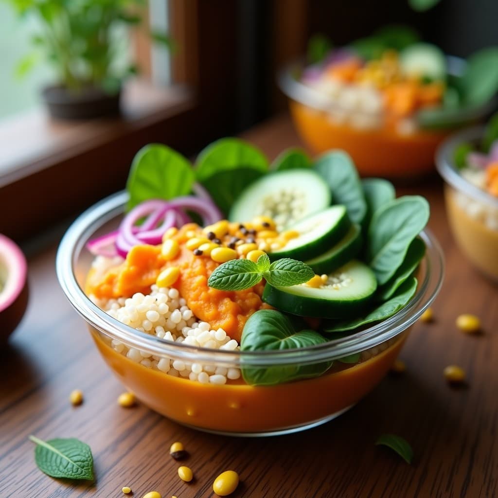 Bowl de Quinoa con Puré de Boniato y Salsa de Tahini: Receta Vegana para Tupper con Toque de Granadilla