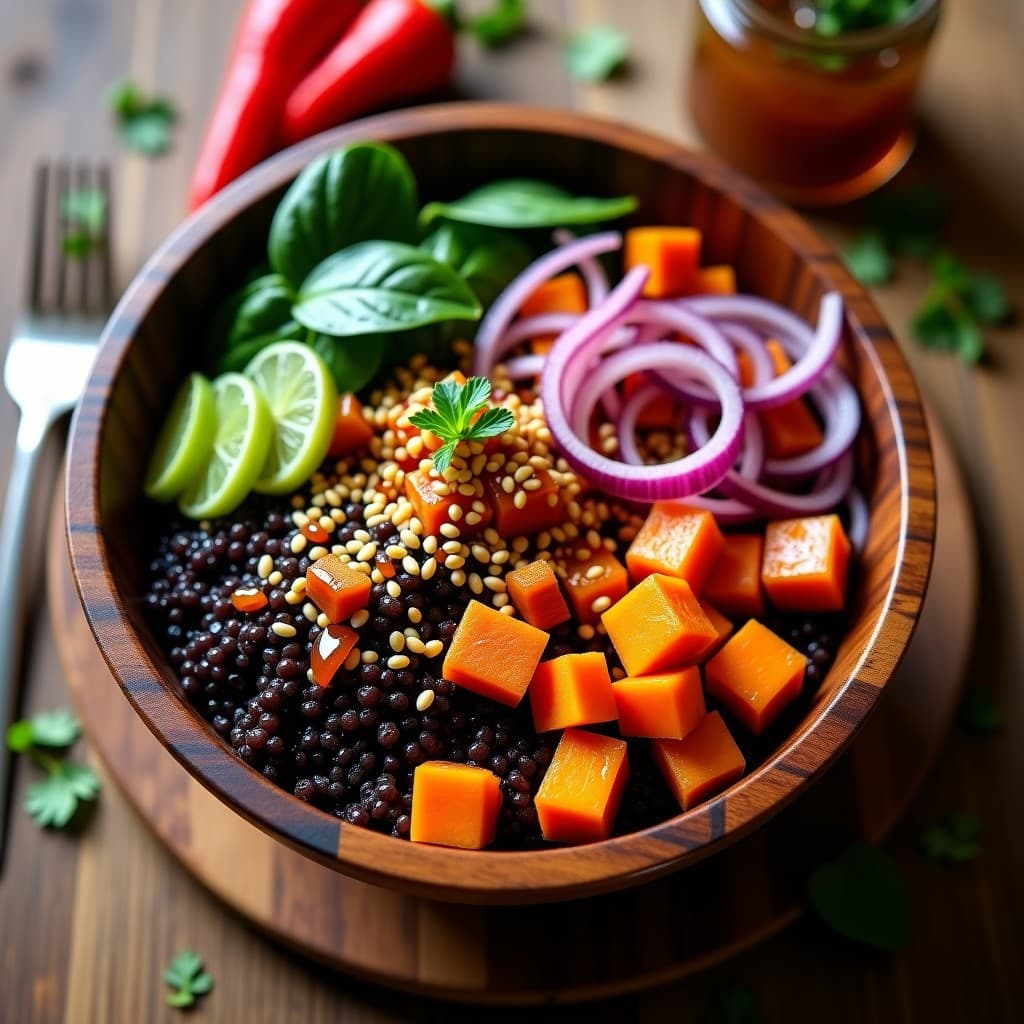 Bowl de Quinoa Negra con Mogollón de Verduras y Aderezo de Tamarillo: Receta Boliviana Vegana