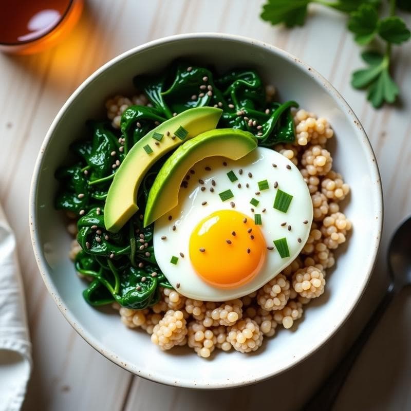 Bowl de Sarrasin y Espinacas con Huevo Poché y Aguacate: Desayuno Keto y Vegetariano