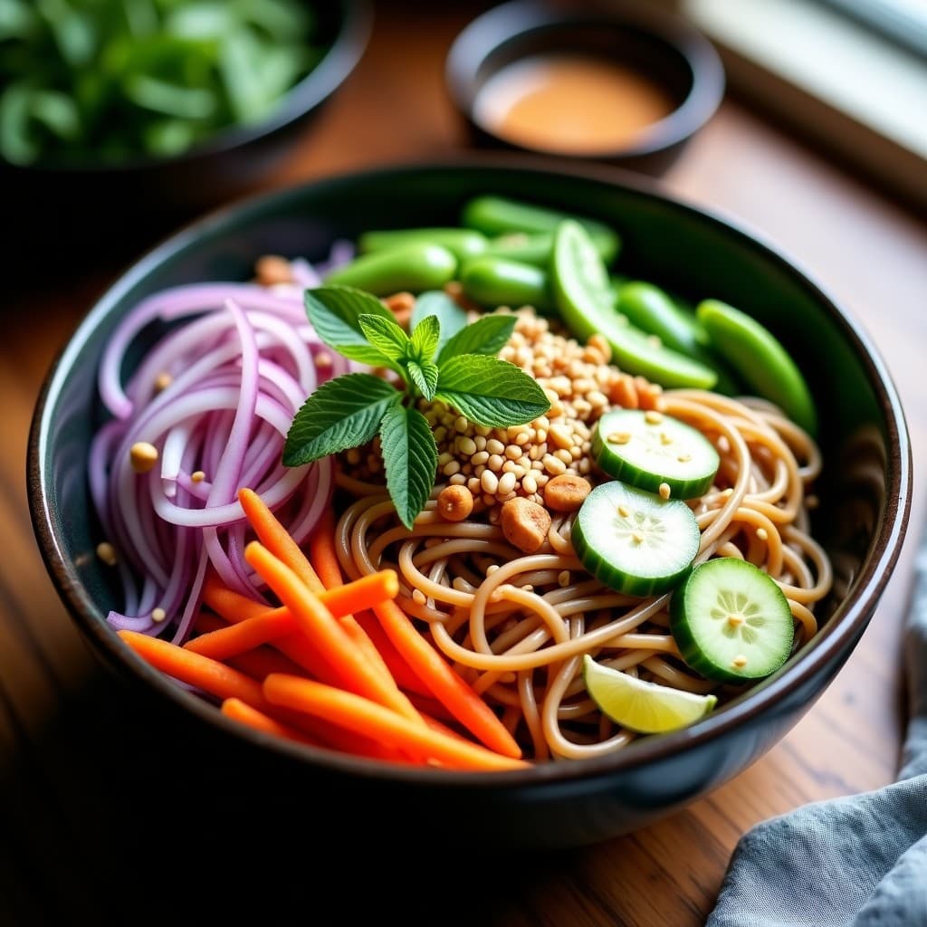 Bowl de Soba con Edamame y Salsa de Sésamo: Receta Tailandesa Vegana y Crujiente