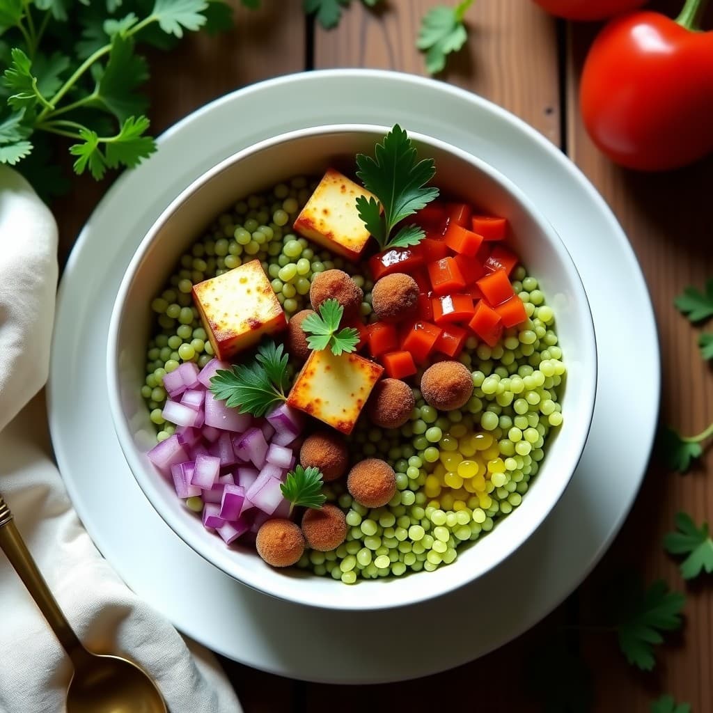 Bowl de Trigo Verde con Uvas Pasas y Queso Halloumi: Recetaわけ Libanes Veraniega en 15 Minutos