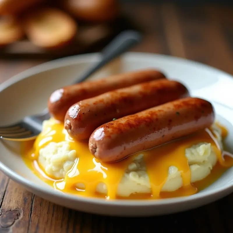 P routine de Salchicha Bratwurst con Puré de Patatas y Salsa de Queso Cheddar: Comida Reconfortante Alemana