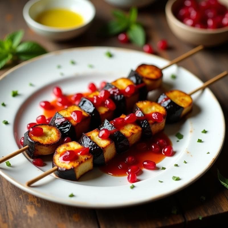 Brochetas de Berenjena Ahumada y Queso Halloumi con Salsa de Pomegranate: Receta Griega en Airfryer