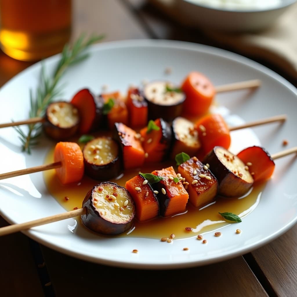Brochetas de Berenjena y Zanahoria Glaseadas con Miel de Dátiles: Entrante en Airfryer