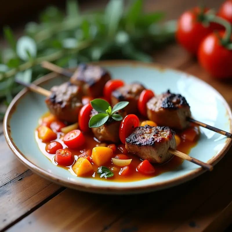 Brochetas de Cordero con Pipérade Vasca: Receta de Fusión Francesa-Española en Grill