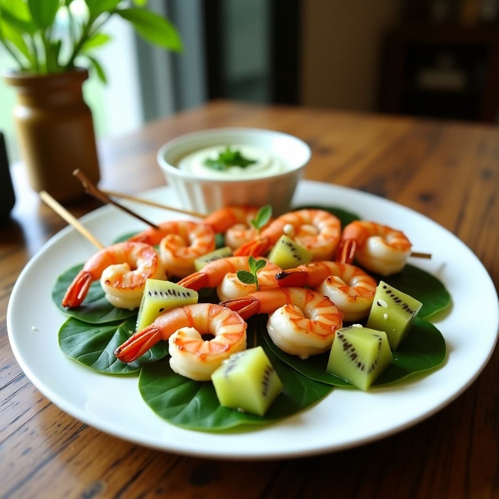 Brochetas de Gambas y Kiwi con Salsa de Menta: Entrante Thai en 10 Minutos