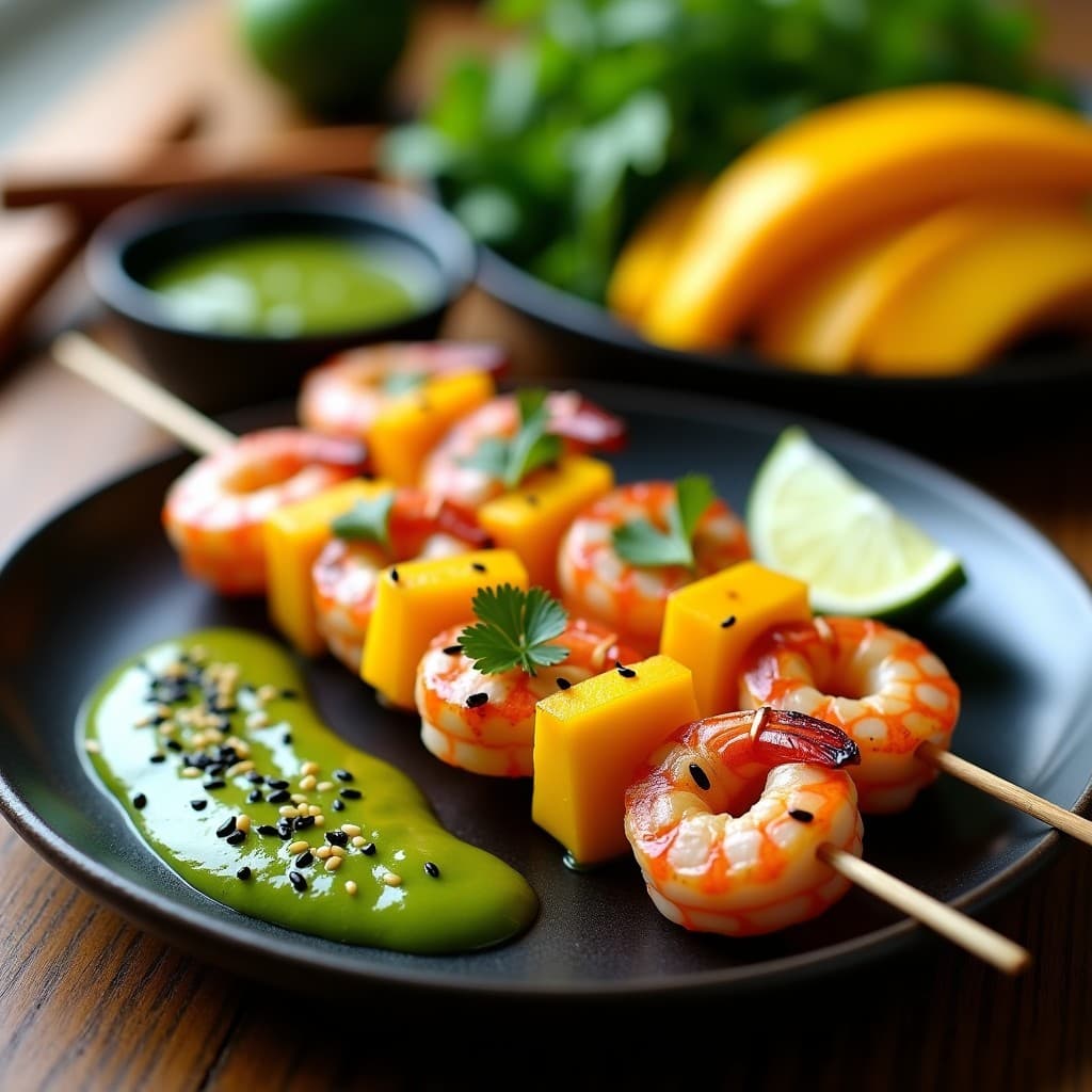 Brochetas de Gambas y Mango con Salsa de Cilantro y Lima: Entrante Tailandés en 10 Minutos