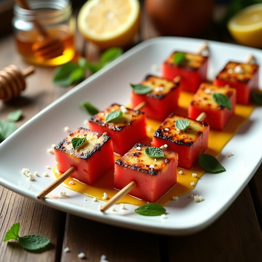 Brochetas de Halloumi y Sandía con Salsa de Miel y Limón: Receta Chipriota Dulce-Salada