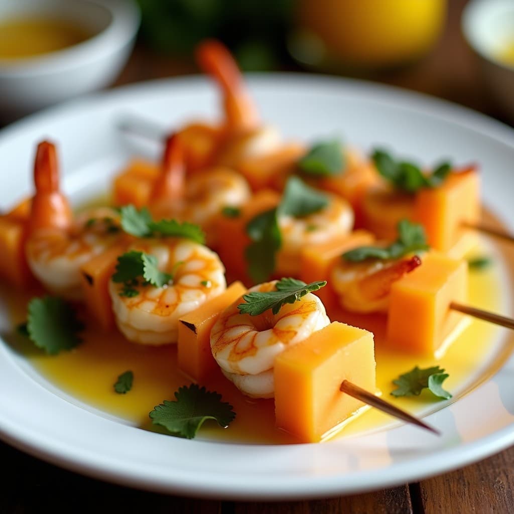 Brochetas de Langostinos y Melón Cantalupo con Vinagreta de Jengibre: Entrante Tailandés