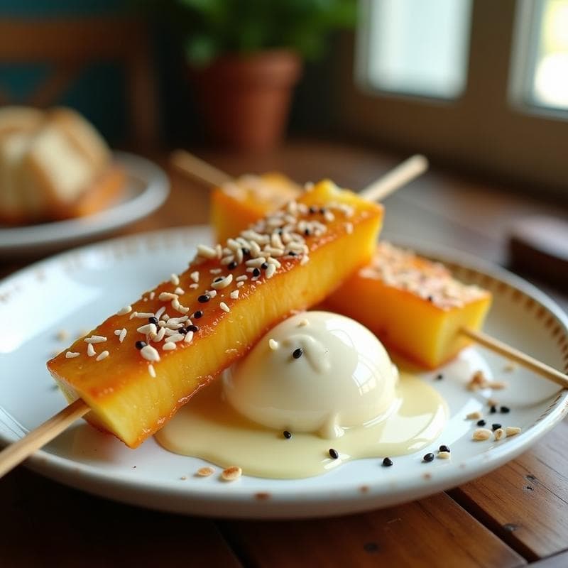 Brochetas de Piña Caramelizada con Helado de Vainilla: Postre Filipinó Sin Horno