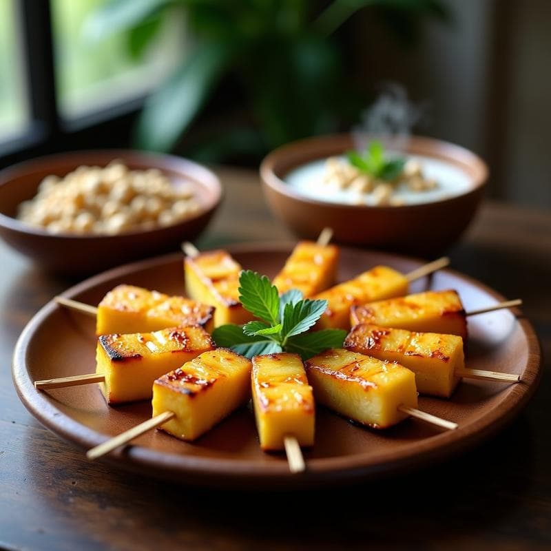 Brochetas de Piña Caramelizada y Tofu Ahumado: Postre Tailandés en Grill