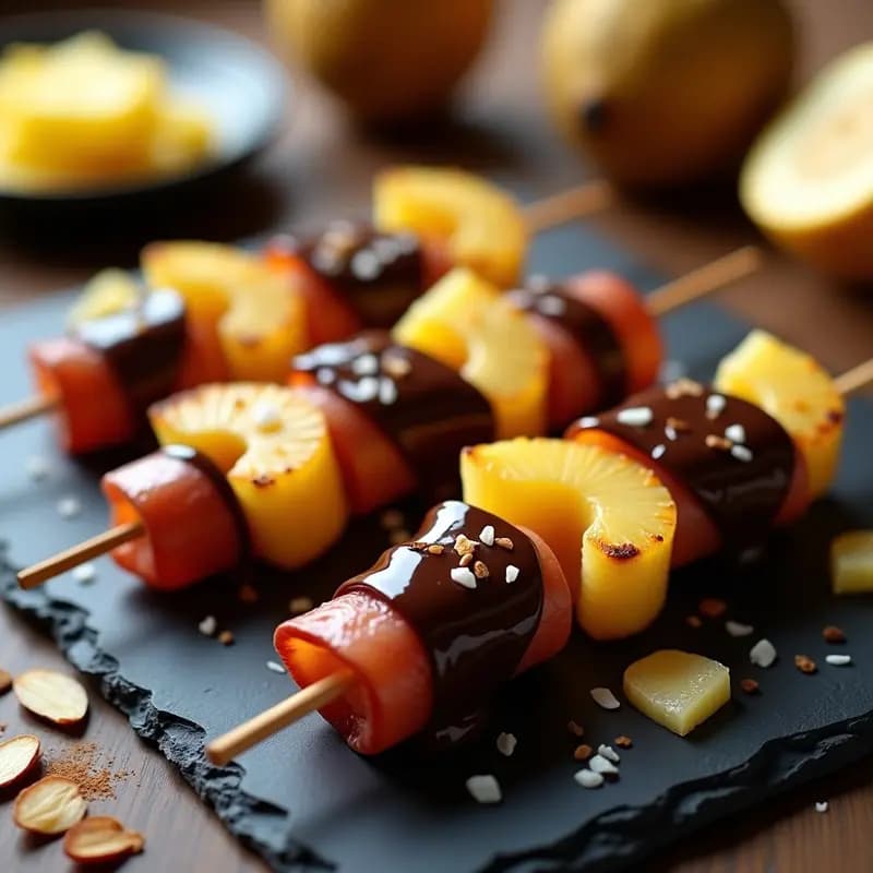 Brochetas de Piña y Jamón York con Cobertura de Chocolate Negro: Snack Dulce-Salado Adictivo