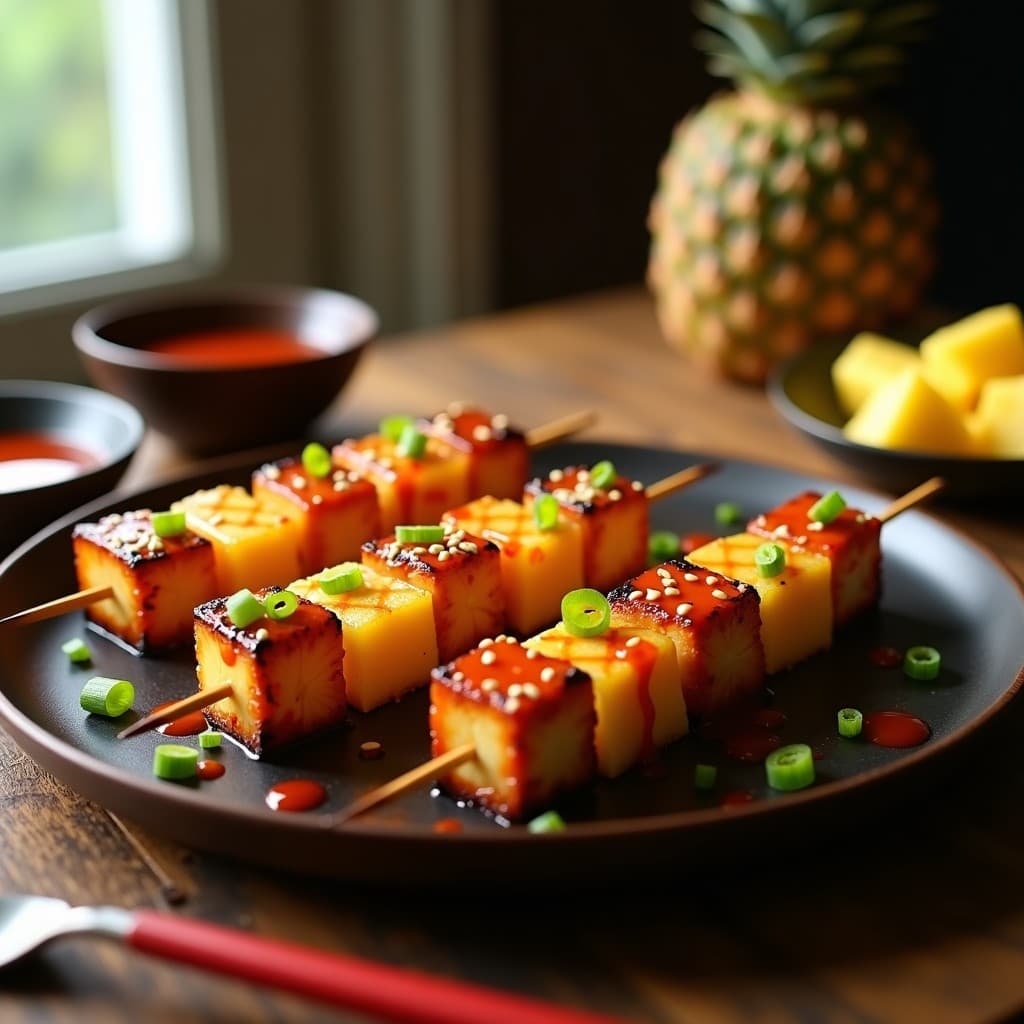 Brochetas de Piña y Tofu Marinado con Salsa Sriracha: Receta Tailandesa Dulce-Picante en 15 Minutos