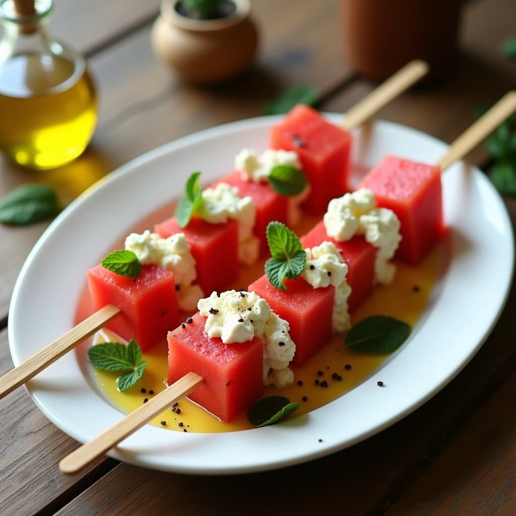 Brochetas de Water Melon y Feta con Vinagreta de Menta: Receta Griega Refrescante en 10 Minutos