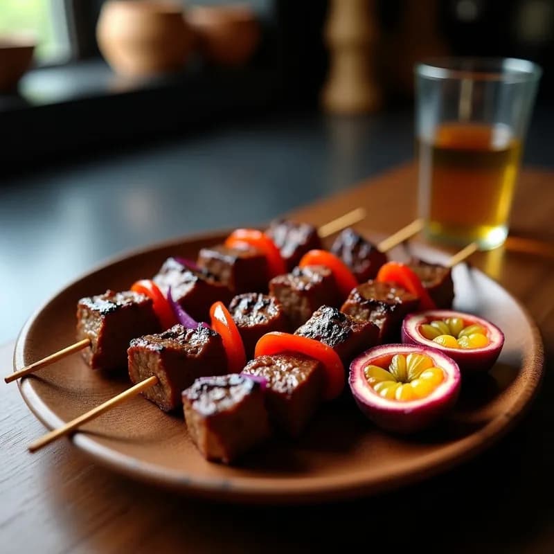 Brochetas de ternera doradas con trozos de cebolla morada y pimiento rojo, servidas en plato de madera con maracuyá abierta al lado, receta gourmet.