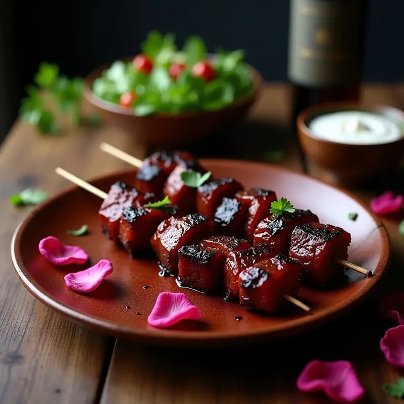 Brochetas de Ternera Marada en Vino Tinto y Rosas: Receta Iraní en Grill para Ocasiones Especiales