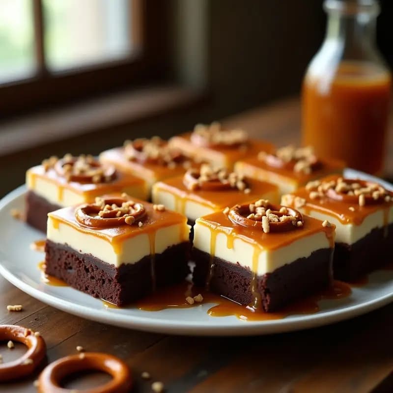Brownies de 3 Capas: Chocolate, Queso Crema y Caramelo Salado con Trozos de Pretzel