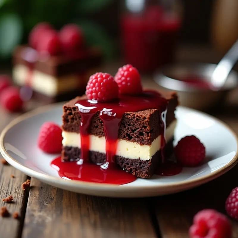Brownies de 3 Pisos: Chocolate, Vainilla y Queso Crema con Salsa de Frambuesa: Postre para Celebrar en Grande