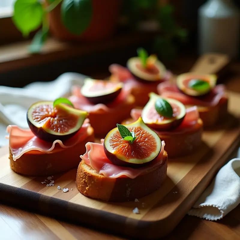 Bruschettas de Pan de Centeno con Higos Frescos y Prosciutto: Aperitivo Italiano Rápido y Elegante