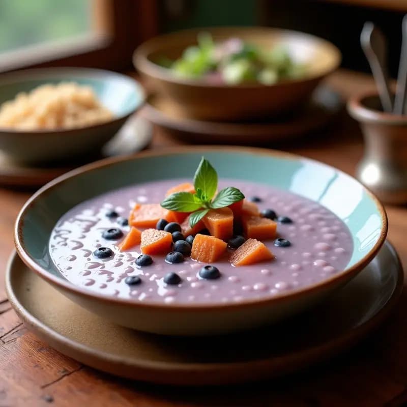 BuburChaCha Malayo con Leche de Coco y Batata Morada: Postre Tropical y Cremoso