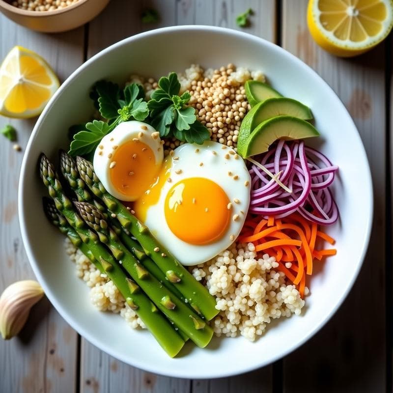 Buddha Bowl de Espárragos Blancos y Huevos Poché: Receta Primaveral con Vinagreta de Limón y Ajo