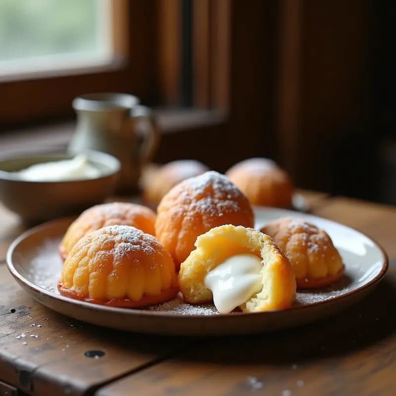 Buñuelos de viento dorados y esponjosos rellenos de nata montada, espolvoreados con azúcar blanco, sobre un plato rústico de cerámica con fondo de papel de horno. Dulces tradicionales del Día de Todos los Santos.