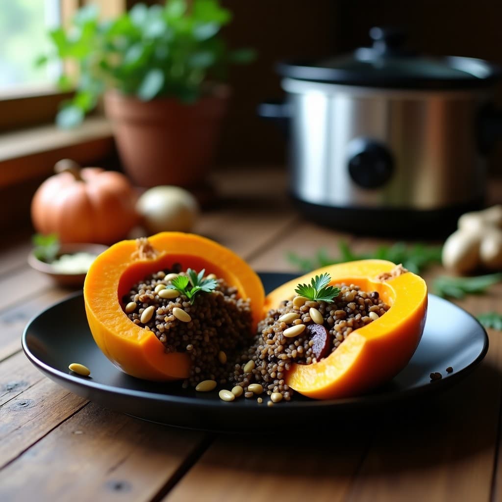 Calabaza Butternut Rellena de Arroz Salvaje y Champiñones: Receta Vegana en Olla Lenta